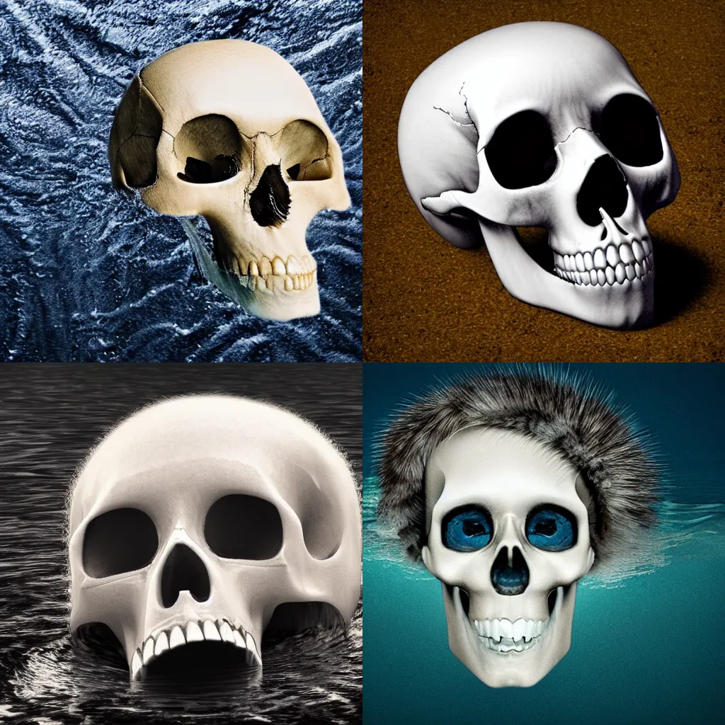 Prompt: photo of a half-submerged skull with fur, photorealistic