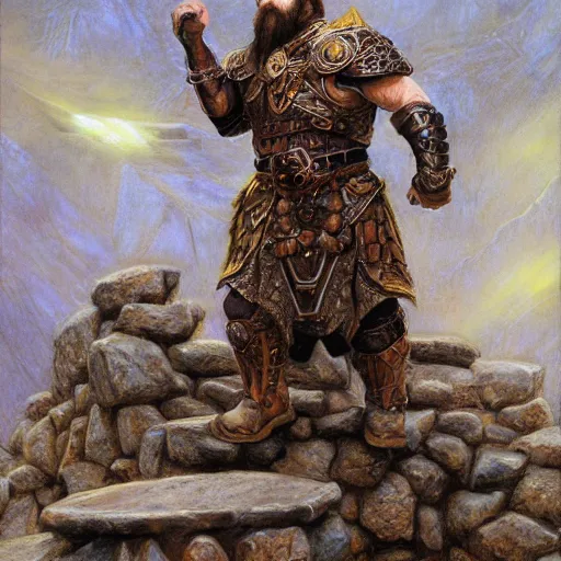 Image similar to The dwarven warrior cleric is standing on the stone spiral staircase and is confused, art by Donato Giancola and James Gurney, digital art, trending on artstation