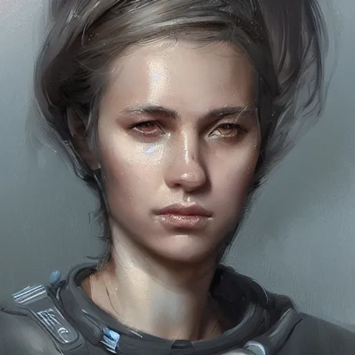 Image similar to Portrait of a woman by Greg Rutkowski, she is about 20 years old, round face, mixture turkish and russian, dark blonde hair with two strands around her face, attractive, sad and melancholy gaze, she is wearing a futuristic tactical space suit, highly detailed portrait, scifi, digital painting, artstation, concept art, smooth, sharp foccus ilustration, Artstation HQ.