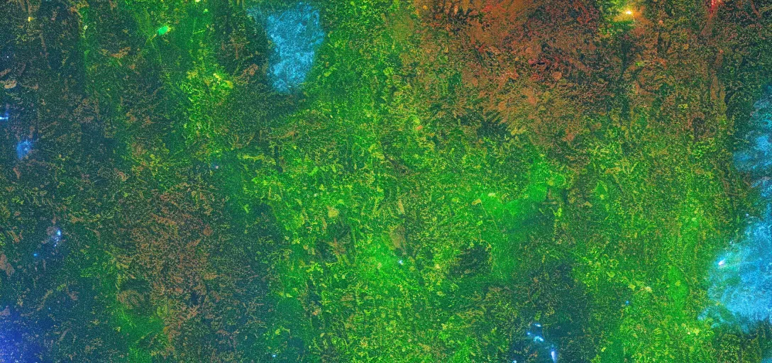 Image similar to nasa photo of the amazon forest made of plastic bags of different colors, in a real space photography, super detailed image, trending on artstation, moody, cinematic, 8 k, volumetric lighting