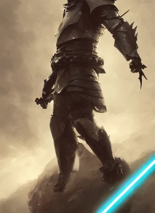 Prompt: digital painting of a shark in armor with a lightsaber, fantasy, portrait, scifi, realistic, detailed, concept art, ruan jia, wlop