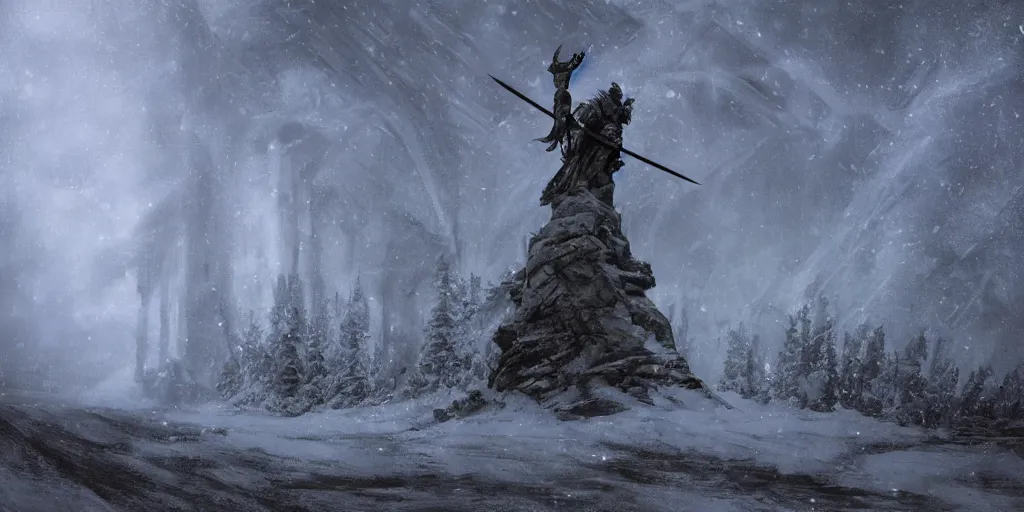 Prompt: hyperrealistic mixed media art of a silhouette of a hero with a broadsword facing massive ornately carved lush iron castle gate with its top in the heaven in winter storm at night, aurora borealis in the sky, low angle, stunning 3d render inspired art by Renato muccillo and Andreas Rocha and Johanna Rupprecht + symmetry + natural volumetric lighting, 8k octane beautifully detailed render, post-processing, extremely hyperdetailed, intricate complexity, epic composition, mystical foreboding atmosphere, cinematic lighting + masterpiece, trending on artstation