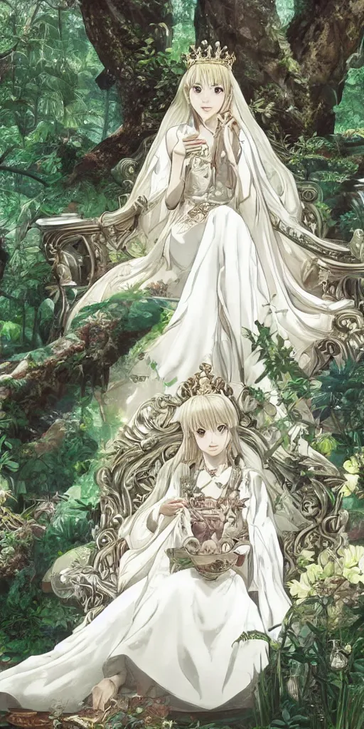 Image similar to an highly detailed magical empress sitting by herself on a sofa in a forest wearing a white robe drawn by cloverworks studio, elegant, beauty, tarot card, Tarot card the empress