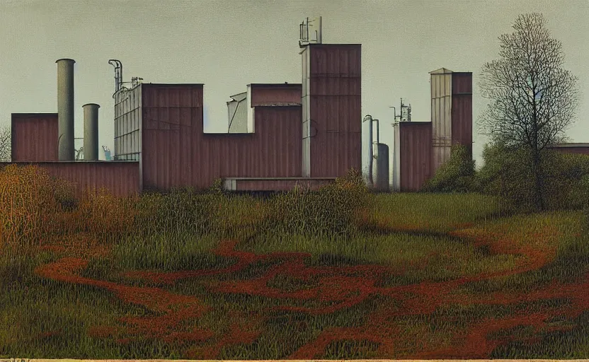 Image similar to industrial buildings surrounded by undergrowth by clarence holbrook carter