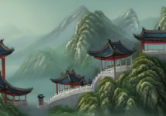 Image similar to ancient Chinese beautiful landscape mode concept art high realism