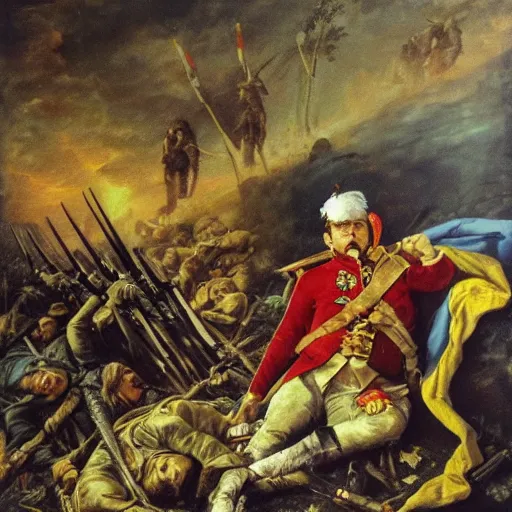 Image similar to Volodymyr Zelensky at war, dressed like Napoleon Bonaparte, sitting on the ground between dead corpses and weeping, holding a half burnt blue and yellow flag of Ukraine, in the style of Anne-Louis Girodet