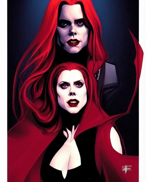 Image similar to vampire : : rafeal albuquerque comic art, artgerm : : gorgeous amy adams : : sharp teeth, open mouth sneer : : symmetrical face, symmetrical eyes : : gorgeous red hair : : magic lighting, low spacial lighting : :