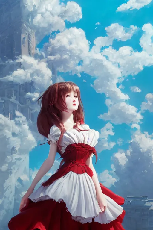 Prompt: a beautiful white frilled red dress girl is staring down from the top of a tall tower, extremely detailed and beautiful aesthetic face, seductive pose, super detailed eyes, low angle, highly detailed, digital painting, artstation, concept art, smooth, sharp focus, illustration, unreal engine 5, 8 k, art by hiroaki samura and jiro matsumoto