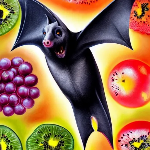 Image similar to Photorealistic magical fruit bat with fruit. Hyperdetailed photorealism, 108 megapixels, amazing depth, glowing rich colors, powerful imagery, psychedelic Overtones, 3D finalrender, 3d shading, cinematic lighting, artstation concept art