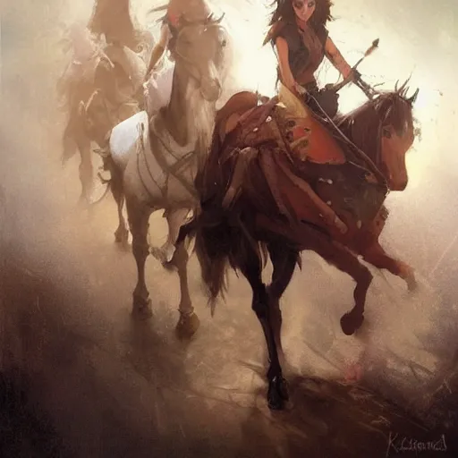 Prompt: a group of people riding on the backs of horses, a storybook illustration by krenz cushart and phil hale, pixiv contest winner, fantasy art, official art, concept art, storybook illustration. detailed masterpiece.