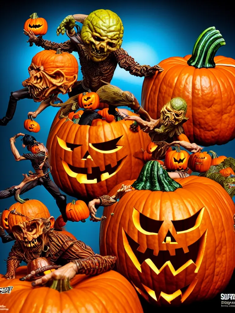 Image similar to hyperrealistic rendering, epic pumpkin overlord battle by art of skinner and richard corben and jeff easley, product photography, action figure, sofubi, studio lighting, colored gels