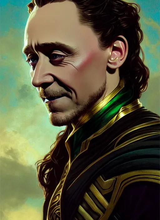 Prompt: portrait of tom hiddleston as marvels loki, jewelry, intricate, headshot, highly detailed, digital painting, artstation, concept art, sharp focus, cinematic lighting, illustration, art by artgerm and greg rutkowski, alphonse mucha, cgsociety