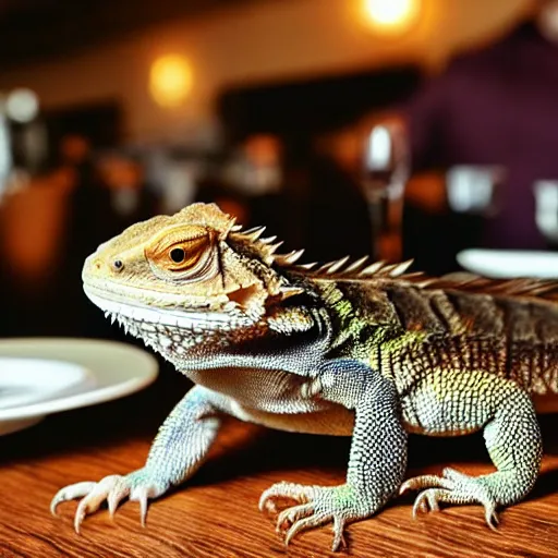 Prompt: a bearded dragon at a restaurant wearing a suit