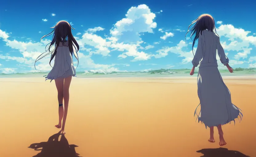 Prompt: An anime girl walking barefoot through the sand on a beach alone, anime scenery by Makoto Shinkai, digital art