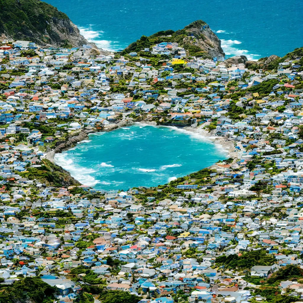 Image similar to down angled view of an anime town, ocean, town, beach, hills