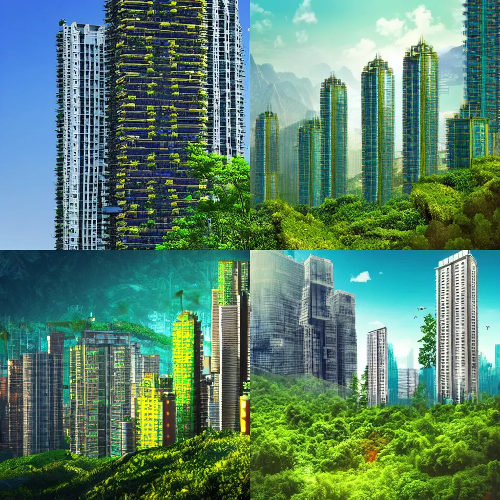 Prompt: Greenpunk and solarpunk skyscrapers in a mountainous forest, bright, realistic, colorful, afternoon