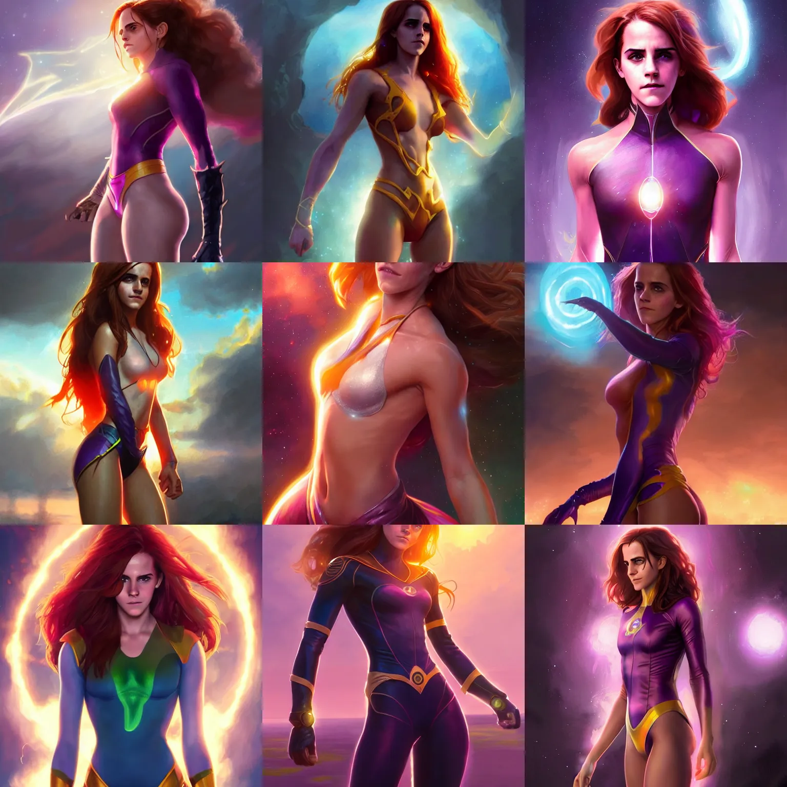 Prompt: emma watson as starfire, anatomy, bathing in light, highly detailed, digital painting, artstation, concept art, smooth, sharp focus, illustration, unreal engine 5, 8 k, art by art by artgerm and greg rutkowski and edgar maxence