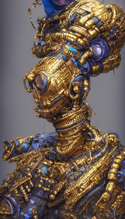 Image similar to full body head to toe portrait of a afropunk sci-fi cyborg ninja, third person, D&D, sci-fi fantasy, intricate, blue and gold, afrofuturism, afro hair style, black skin male, highly detailed, art by Range Murata, highly detailed, 3d, octane render, bright colors, digital painting, trending on artstation, sharp focus, illustration style of Stanley Artgerm, dramatic background