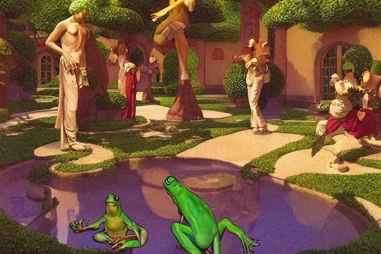 Image similar to a fantasy courtyard scene with dancing frogs, digital painting by maxfield parrish and michael whelan, photorealistic