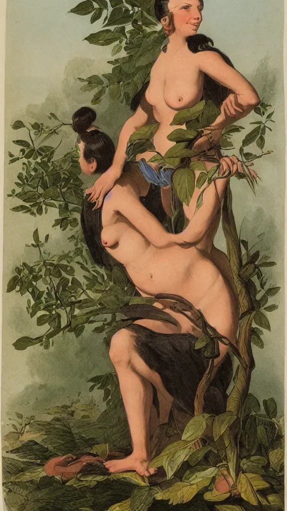 Image similar to an extremely buxom woman, illustration by john james audubon circa 1 8 3 8