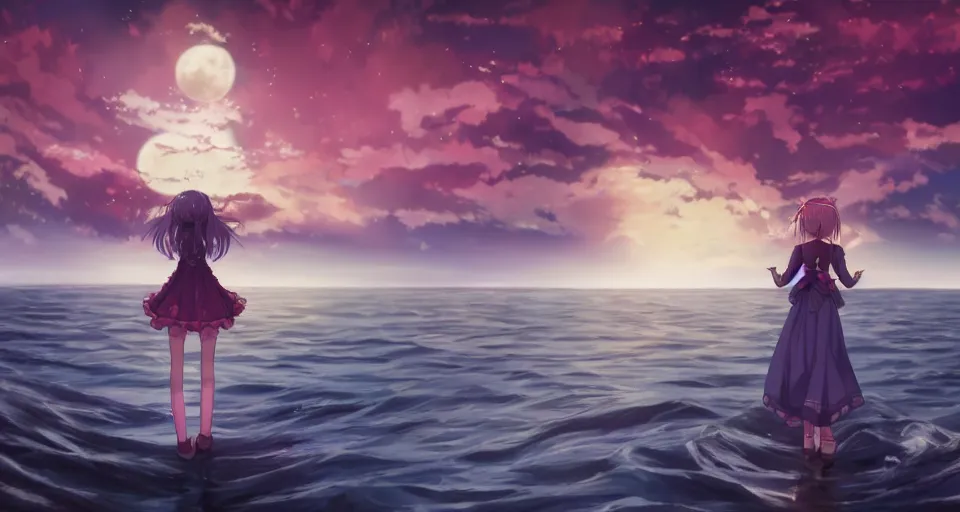 Image similar to one anime girl standing on a pier, blue shiny eyes, looking at the camera, cute, the ocean as background at twilight, big moon above the water, colorful, magical, smooth, extremely detailed, detailed face, devianArt, based on Puella Magi Madoka Magica