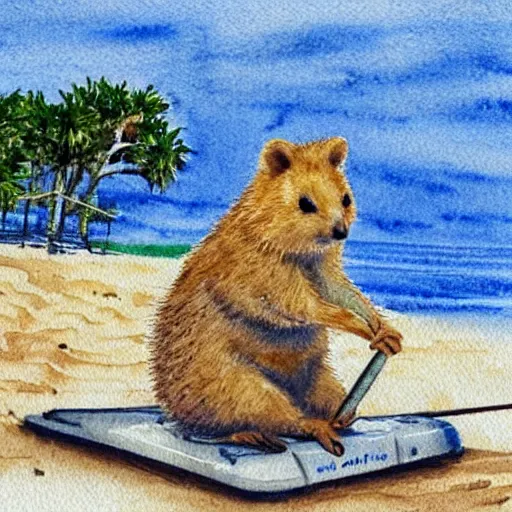 Prompt: a quokka using a metal detector on the beach, realistic watercolour