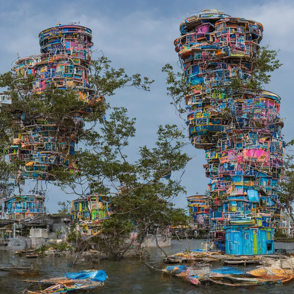 Image similar to a circular tower, made up of colourful makeshift squatter shacks suspended over water, dystopia, sony a 7 r 3, f 1 1, fully frontal view, ultra detailed, photographed by hiroshi sugimoto,