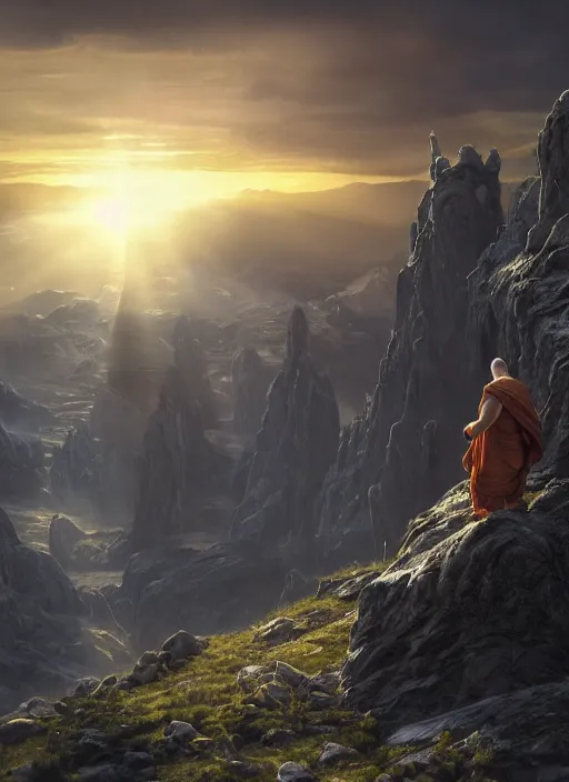 Image similar to a cosmic monk in lord of the rings scenery landscape, looking out at a futuristic alien spaceship in the sky, sunrise, god's rays, highly detailed, vivid color, cinematic lighting, perfect composition, 8 k, gustave dore, derek zabrocki, greg rutkowski, belsinski, octane render