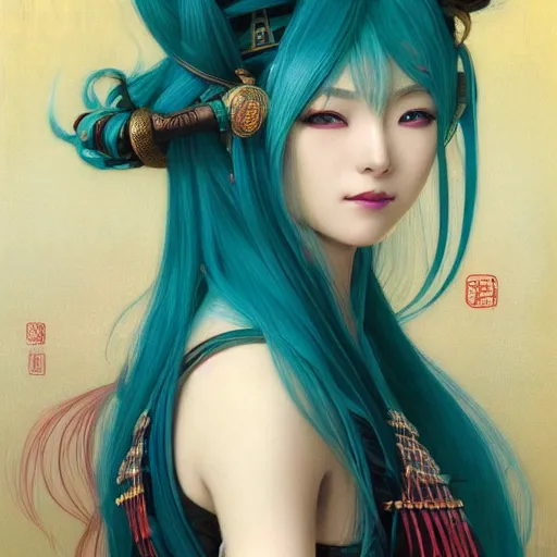 Prompt: a beautiful portrait of hatsune miku with teal colored hair with deep red highlight streaks in her hair dressed as a ancient chinese sorceress, intricate, elegant, highly detailed, digital painting, artstation, concept art, matte, sharp focus, illustration, art by greg rutkowski and alphonse mucha