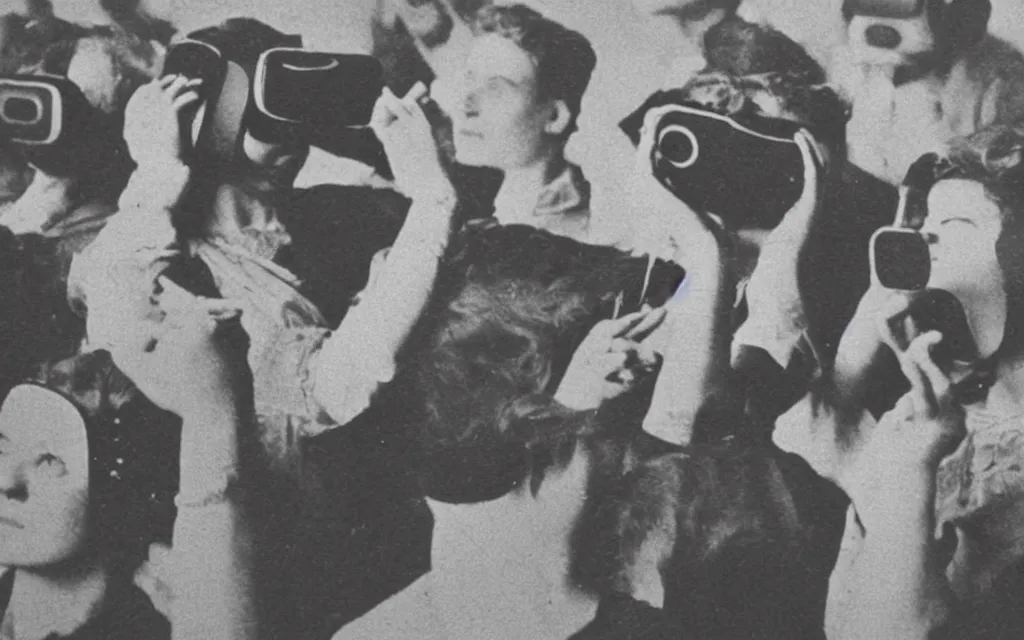 Image similar to 1 9 0 0 s photo of people using iphones ipods virtual reality headsets vr in a movie theater double exposure masterpiece