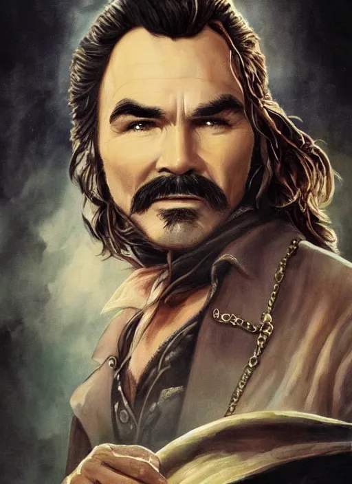 Image similar to a beautiful painting portrait movie poster of burt reynolds in Pirates of the Carribean 6, matte painting, fantasy art, dark but detailed digital art, highly detailed, a masterpiece trending on artstation. Burt Reynolds as a young but messy pirate and layabout in this HD preview poster