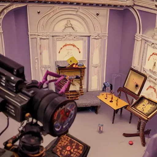 Prompt: a photo of a stopmotion animation filming set of the grand budapest hotel