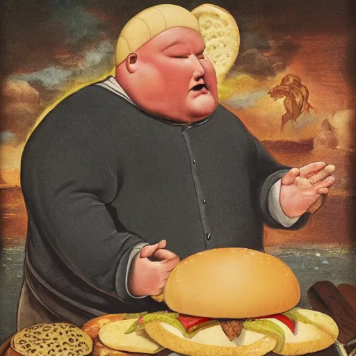 Image similar to a fat man praying to the cheeseburger god, renaissance
