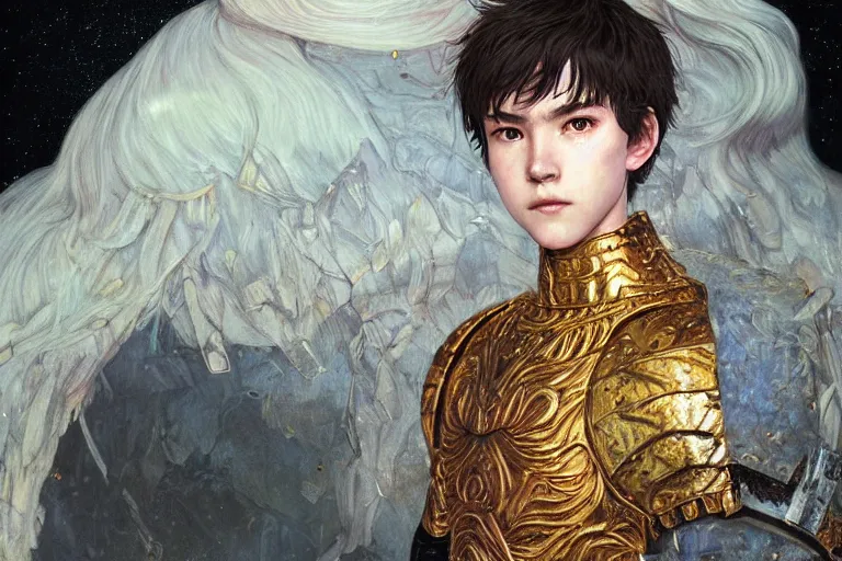Prompt: portrait of beautiful young maiden boy with short white hairs in warhammer armor, art by ( ( ( kuvshinov ilya ) ) ) and wayne barlowe and gustav klimt and artgerm and wlop
