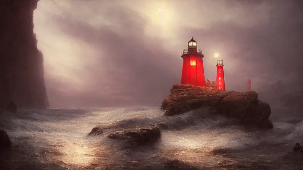 Image similar to red lighthouse in the cave, andreas achenbach, artgerm, mikko lagerstedt, zack snyder, tokujin yoshioka