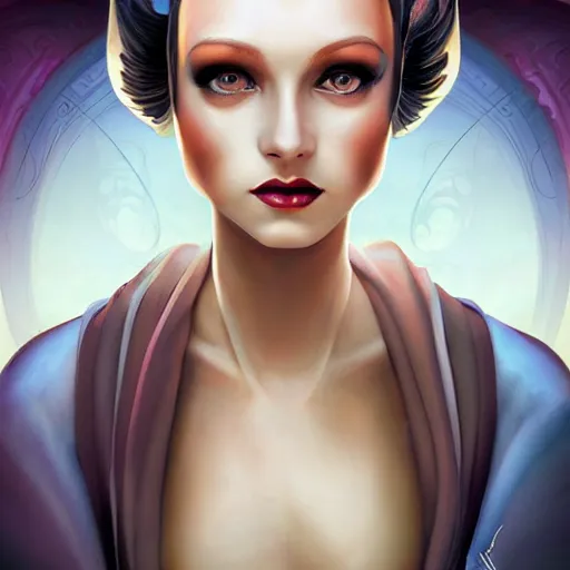 Prompt: an art nouveau, ( streamline moderne ), multi - racial portrait in the style of anna dittmann and charlie bowater and vitaly bulgarov. very large, clear, expressive, and intelligent eyes. centered, ultrasharp focus, dramatic lighting, photorealistic digital matte painting, intricate symmetrical ultra detailed background.