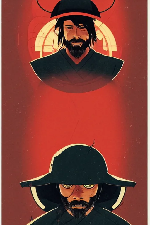 Image similar to 1 9 7 9 omni magazine cover of hiroyuki sanada in a samurai hat. simple stylized cyberpunk photo by josan gonzalez.