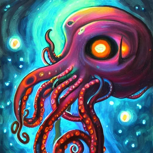 Prompt: Cthlulu!!!!!!!!!!!!!!! Squid-face lovecraftian eldritch profile pic, oil painting, tentacles, glow galaxy background,