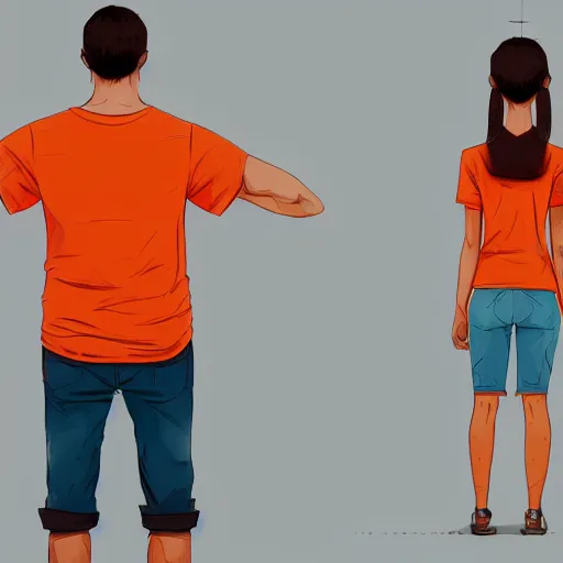 Image similar to man in orange t - shirt hugging girl, vivid colors, character sheet, fine details, concept design, contrast, kim jung gi, greg rutkowski, trending on artstation, 8 k, full body, turnaround, front view, back view, ultra wide angle