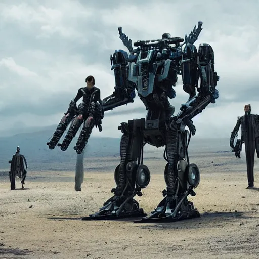 Image similar to cinematic still in westworld, full body mega mech by mamoru nagano