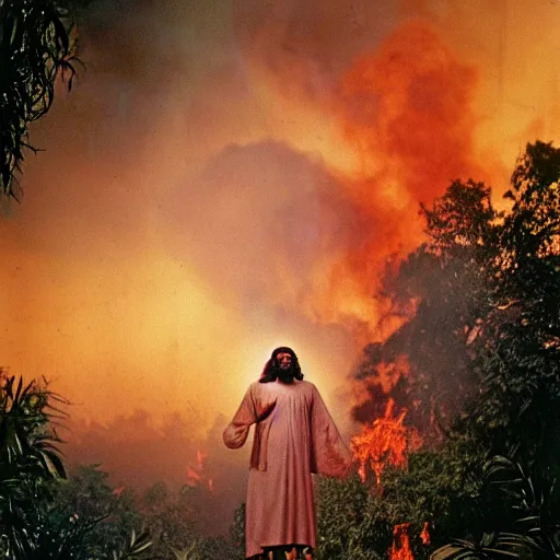 Image similar to photograph of jesus christ, floating over a burning jungle, kodachrome, 1 9 6 0 s, unnsettling