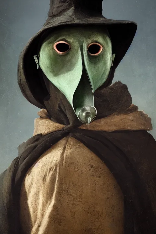 Prompt: A fancy portrait of a green medieval plague doctor wearing a beak mask in a medieval village by Greg Rutkowski, Sung Choi, Mitchell Mohrhauser, Maciej Kuciara, Johnson Ting, Maxim Verehin, 8k photorealistic, cinematic lighting, HD, high details, dramatic, dark atmosphere, trending on artstation