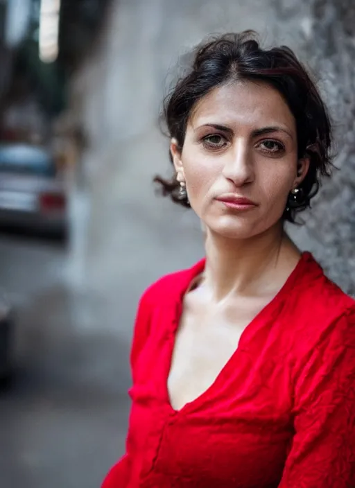 Prompt: close up portrait of beautiful 35-years-old Italian woman, wearing a red outfit, well-groomed model, candid street portrait in the style of Steve McCurry award winning