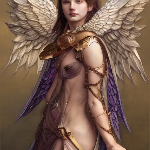 Image similar to portrait of young aasimar angel girl maiden wearing comfy leather armor with beautiful feathered angel wings by Yoshitaka Amano and artgerm and greg rutkowski and alphonse mucha and andrei riabovitchev and Rossdraws and Bluesssatan and Mandy Jurgens and Stjepan Sejic, 4k oil on linen, vivid colors, colorful, photorealistic, high dynamic range, HDR, intricate, elegant, highly detailed, digital painting, artstation, concept art, smooth, sharp focus, illustration, mid-shot, medium shot, hyperdetailed