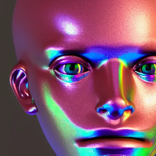 Image similar to 3d render of holographic human robotic head made of glossy iridescent, surrealistic 3d illustration of a human face non-binary, non binary model, 3d model human, cryengine, made of holographic texture, holographic material, holographic rainbow, concept of cyborg and artificial intelligence