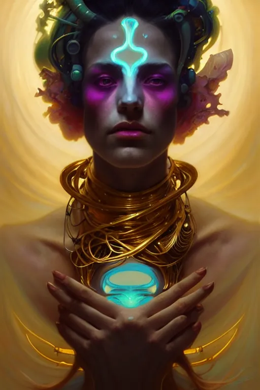 Image similar to portrait, bioluminescent druid, cyberpunk, elegant baroque, asymmetrical art, hyperrealism, colorful, vivid, imposing, epic, abstract texture, gold leaf texture, artstation, concept art, by peter mohrbacher and wlop and rhads and artgerm and magali villeneuve and alphonse mucha