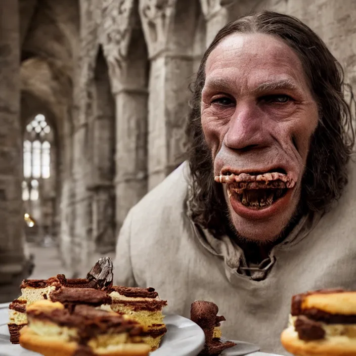 Image similar to closeup profile face portrait of a medieval goblin eating cakes in the cloisters, depth of field, zeiss lens, detailed, symmetrical, centered, fashion photoshoot, by annie leibovitz and steve mccurry, david lazar, jimmy nelsson, breathtaking, 8 k resolution, extremely detailed, beautiful, establishing shot, artistic, hyperrealistic, beautiful face, octane render