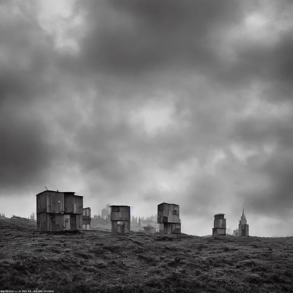 Prompt: two towers, made up of makeshift squatter shacks with faded colours, misty, windy, dark clouds, dystopia, hasselblad x 1 d, fully frontal view, very detailed, ultra sharp, photographed by jeanette hagglund and ansel adams