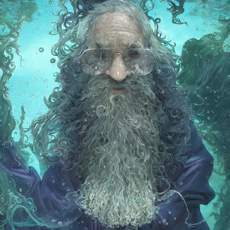 Image similar to an old wizard with seaweed for hairs and beard, wearing fluent multicolored robes in an underwater alchemical laboratory. digital illustration. fantasy. detailed. waterbubbles. by artgerm, wlop, james jean, andrei riabovitchev, marc simonetti, yoshitaka amano