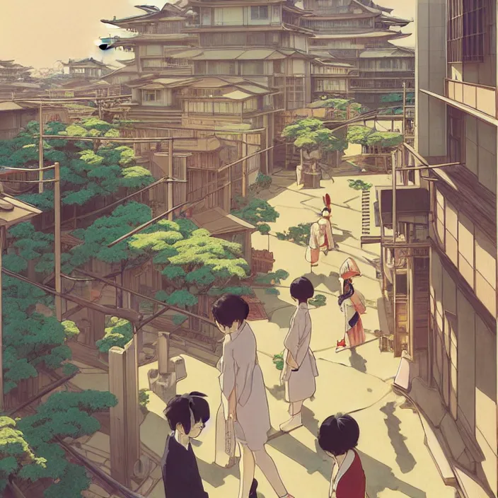 Prompt: japanese modern city, spring, in the style of studio ghibli, j. c. leyendecker, greg rutkowski, artem